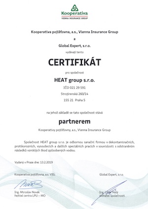 Certifikat o spolupráci Kooperativy a HEAT při náhradách vodných škod